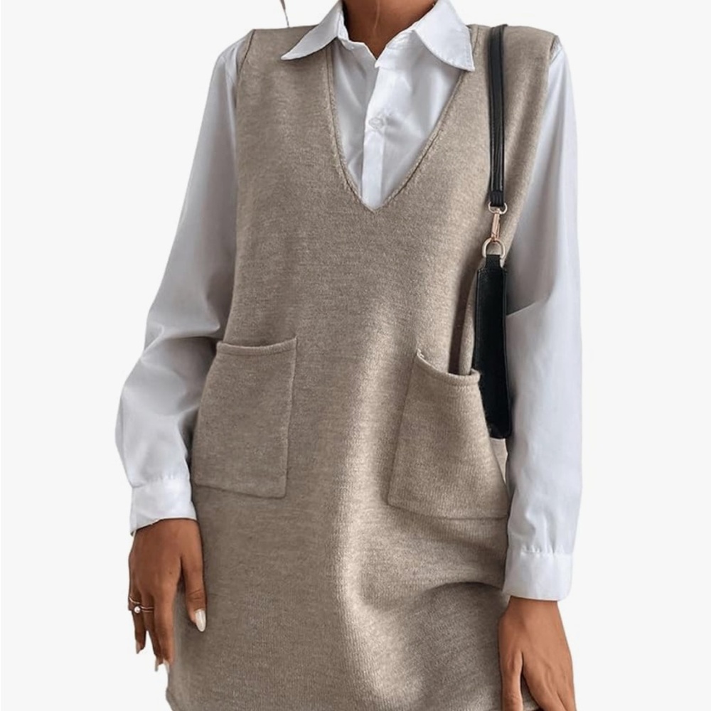 Sleeveless Tan Knit Dress with Pockets